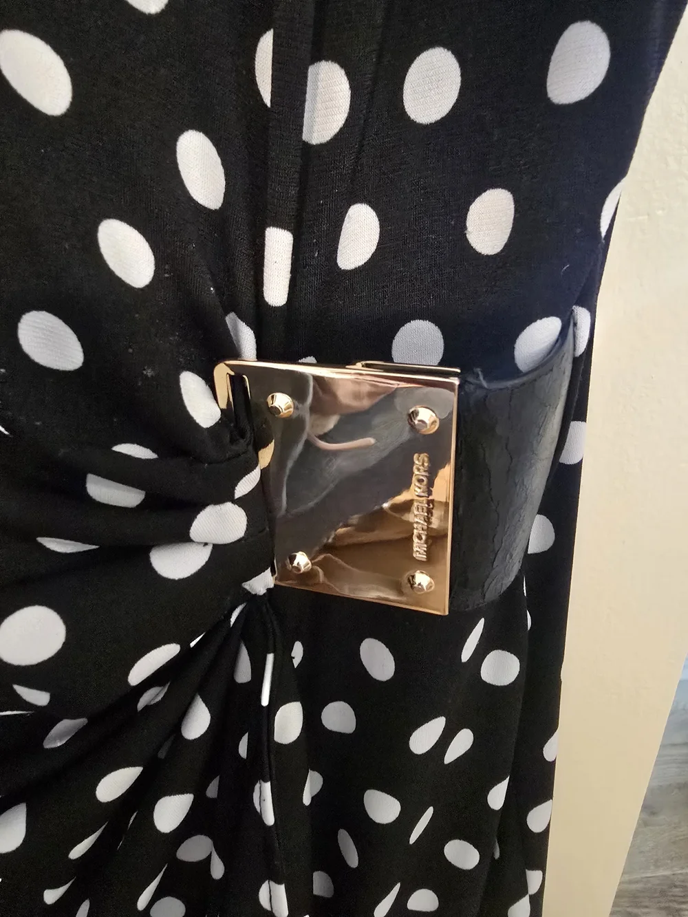 Michael Kors Sleeveless Black and White Polka Dot Twist-Waist Dress